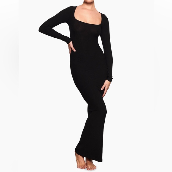 SKIMS Dresses & Skirts - NWT Skims Soft Lounge Long Sleeve Dress Onyx Black Maxi Stretch Ribbed Bodycon L